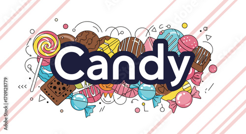 A delightful collection of colorful candies and sweets in a playful doodle style.