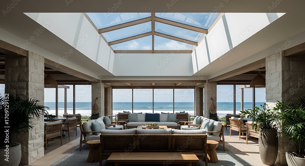 Obraz premium Luxurious Beachfront Lounge with Skylight and Ocean View.