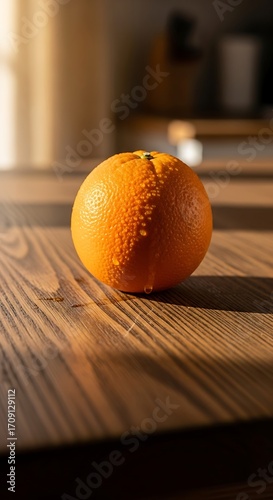 A close-up, bright, citrusy orange rests on a wooden surface, showcasing vibrant hues and moisture droplets.