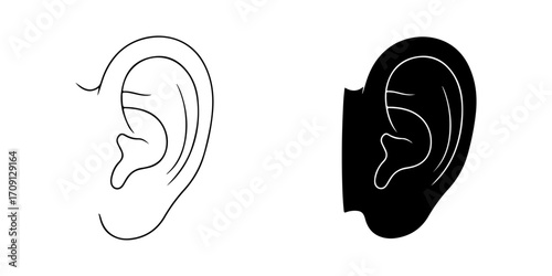Human Ear Outer Vector Illustration (Outline and Silhouette)