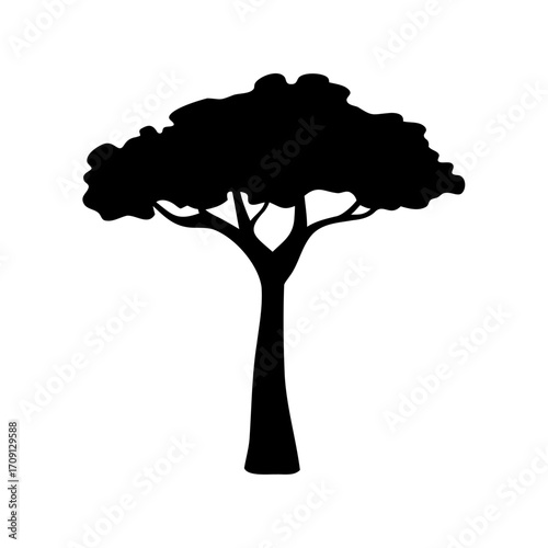Stylized silhouette of a tree against a white background featuring broad canopy