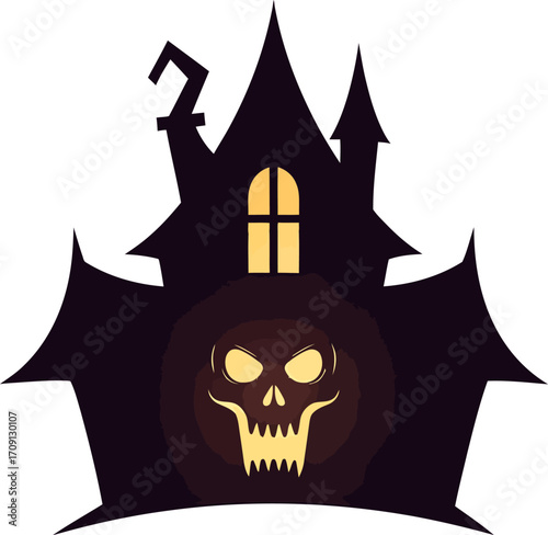 A spooky haunted house silhouette with a glowing skull face and an illuminated window for Halloween.