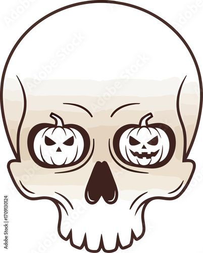 A stylized cartoon skull with carved Halloween jack-o'-lantern pumpkins in its eye sockets.