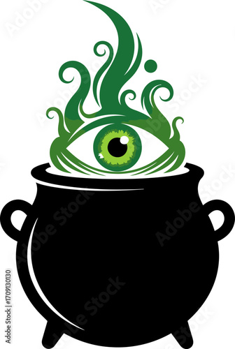 A magical black cauldron brews a potion, revealing a large green eye within swirling green flames.