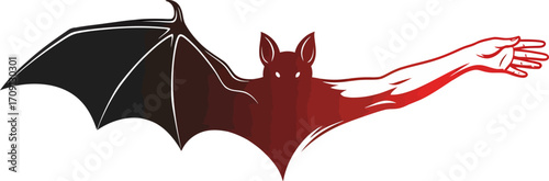 A surreal illustration of a hybrid bat creature with one human arm replacing a wing, isolated on a white background.