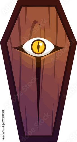 A spooky cartoon coffin made of dark wood with a single, glowing yellow eye in the center.
