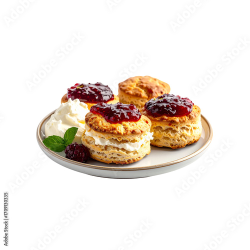 English scones with clotted cream and jam on small plate