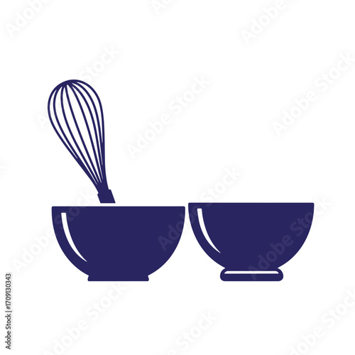 Simple vector illustration of two bowls with a whisk for cooking and baking preparations