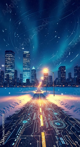 A futuristic cityscape road at night, blanketed in snow, glows with illuminated circuit patterns, creating a mesmerizing winter scene.