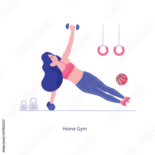 Vector graphics of sports activities A woman in workout attire does exercises with dumbbells and gymnastic rings, with fitness equipment around. The text “Home Gym” is at the bottom.