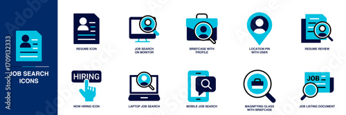Job Search Blue Colored Outline Icon Set