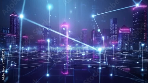 Futuristic cityscape with glowing lines and nodes connecting buildings, creating a network or data flow visualization.