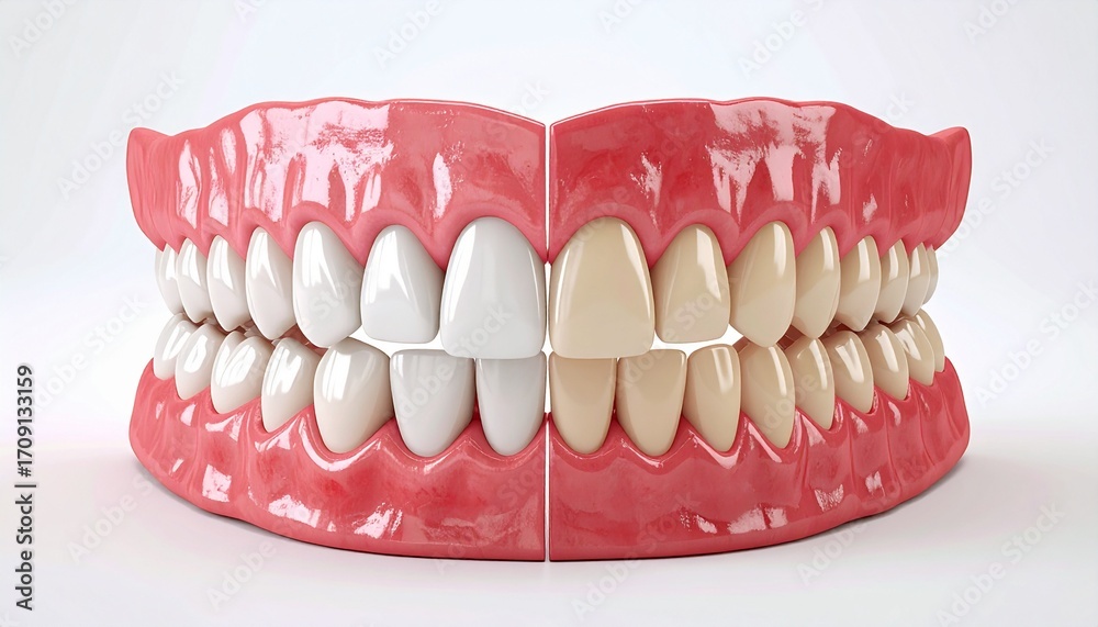 Obraz premium A 3D illustration showing a before and after comparison of teeth whitening on a human jaw model