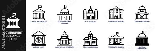 Government Buildings Line Icon Set