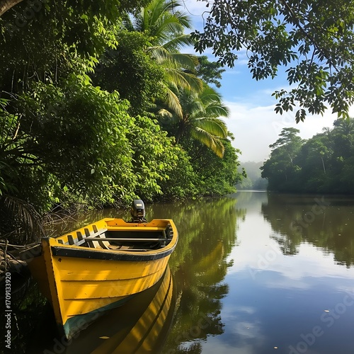 A serene waterway scene showcases a vibrant yellow boat nestled amongst lush tropical vegetation.