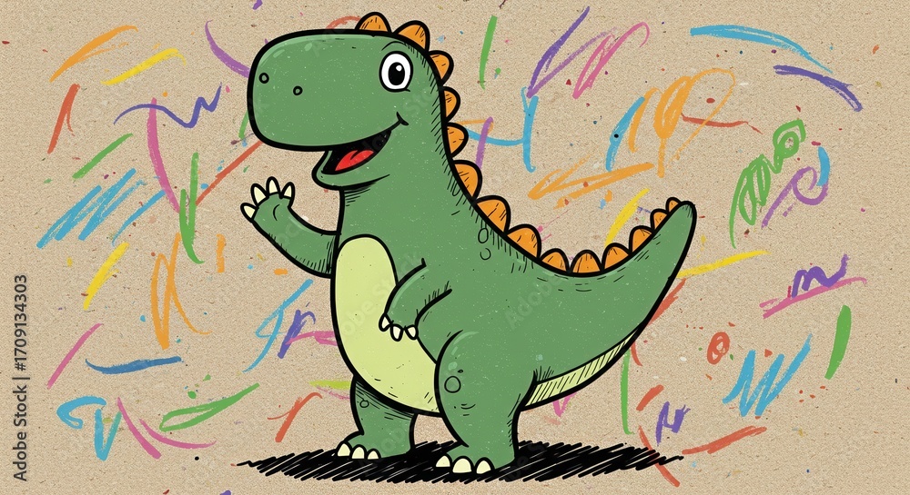 Fototapeta premium Cartoon Dinosaur with Colorful Scribbles on Textured Background