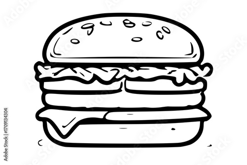 A delicious-looking cartoon double cheeseburger with sesame seeds on the bun.