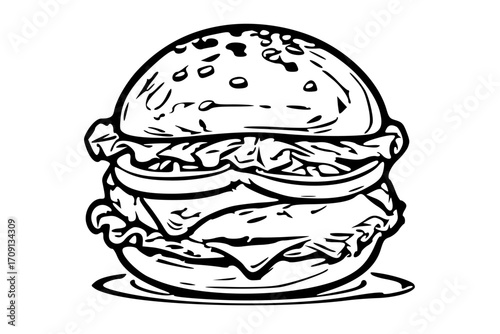 A delicious-looking hamburger, sketched in black and white, features a sesame seed bun, lettuce, tomato, and cheese.