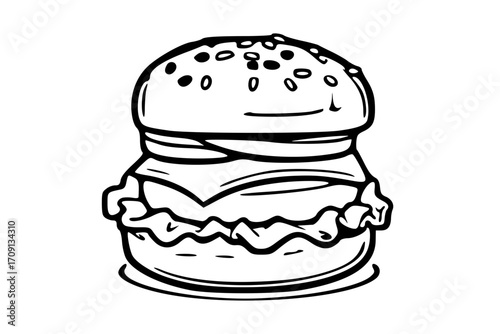 A delicious-looking hamburger, meticulously drawn in black and white, showcasing its layered ingredients.