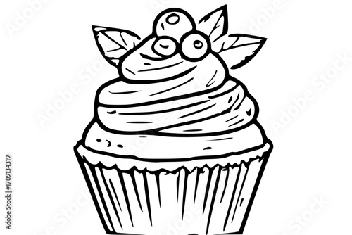 A hand-drawn illustration of a delicious cupcake, topped with swirls of frosting and blueberries.