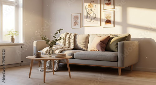 Modern Gray Sofa with Throw Blanket and Pillows in Sunny Living Room.