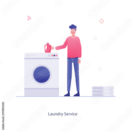 Vector elements of the office environment A man in a pink top and blue pants stands next to a washing machine with clothes stacked nearby, holding a kettle. The text “Laundry Service” is at the bottom