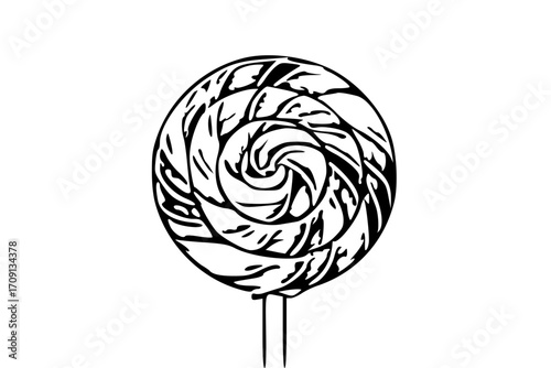 A black and white illustration of a swirly lollipop on a stick.