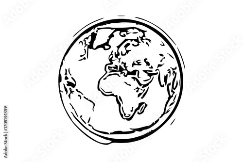 Black and white illustration of the Earth globe showing continents and oceans.