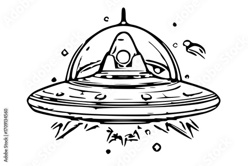 A black and white illustration of a flying saucer taking off.