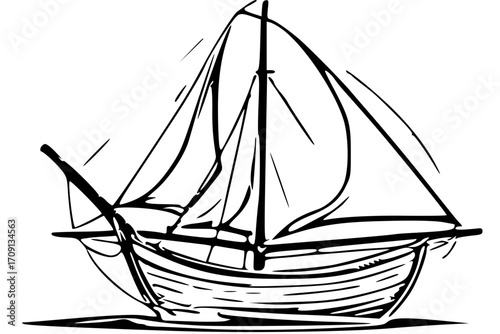 A simple black and white sketch of a sailing vessel, depicted in motion.