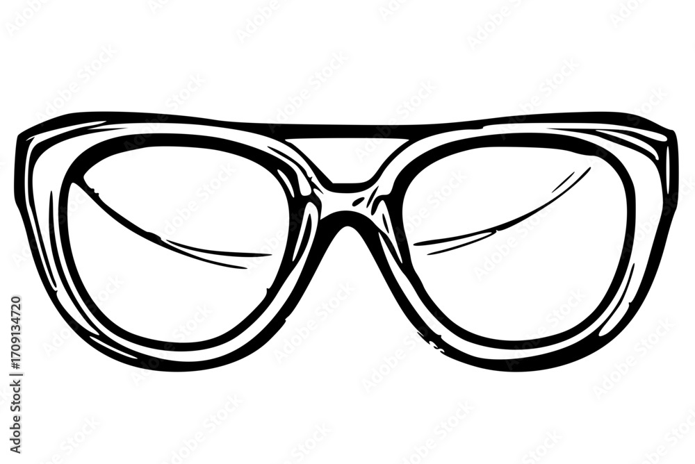 Fototapeta premium Black and white drawing of eyeglasses with thick frames and oval lenses.