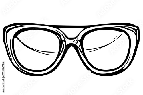 Black and white drawing of eyeglasses with thick frames and oval lenses.