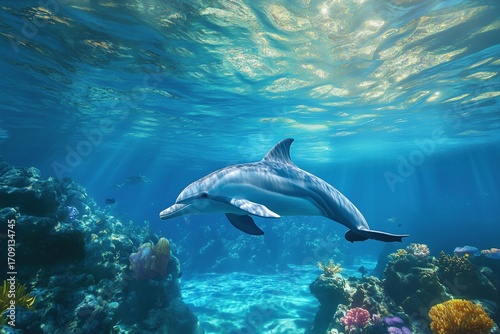 Serene dolphins swimming sea underwater view coral colorful fish blue background sunlight filtering clear waters detailed texture skin face