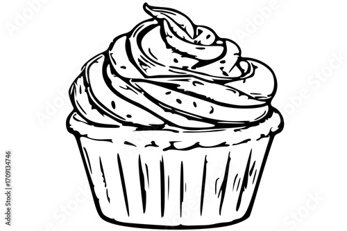 A black and white line drawing of a cupcake with a generous swirl of frosting on top.