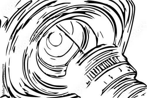 Abstract black and white graphic design, intricate circular pattern, resembling a complex machine part.