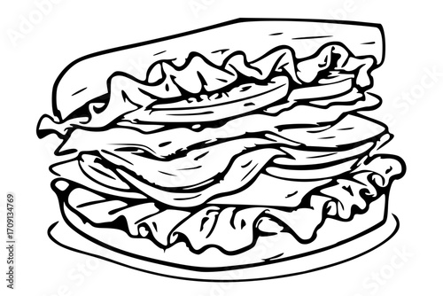 A black and white illustration of a layered sandwich with bread, lettuce, and other fillings.
