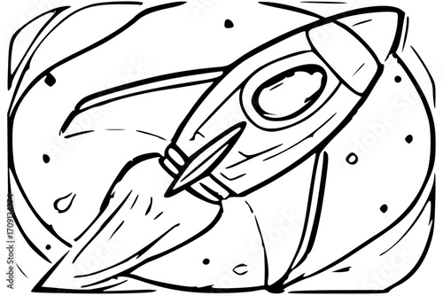 A black and white illustration of a rocket ship soaring through space, with stylized cosmic background.