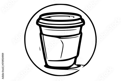 Simple black and white graphic of a disposable coffee cup with lid and sleeve.