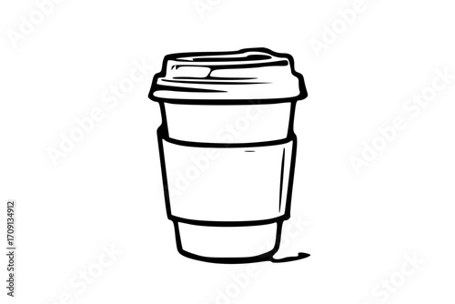 Simple black and white illustration of a disposable coffee cup with lid and sleeve.