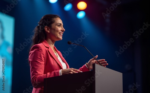 Beautiful Personal Growth Keynote Speaker Delivering a Motivational Speech on Stage, Hosting a Healthcare Seminar to Help Entrepreneurs Overcome Their Personal and Professional Challenges