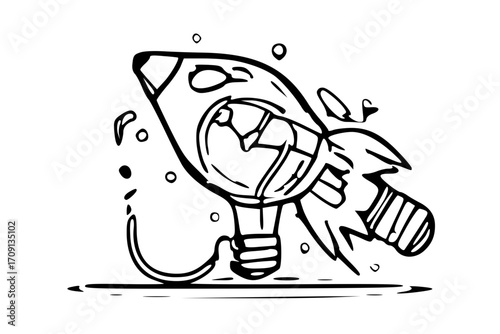 A stylized, cartoonish illustration of a rocket ship merged with a light bulb, with a cord extending from the base.