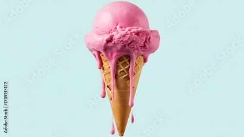 Pink ice cream cone with melting scoop against a light blue backdrop, evoking summer joy and indulgence
