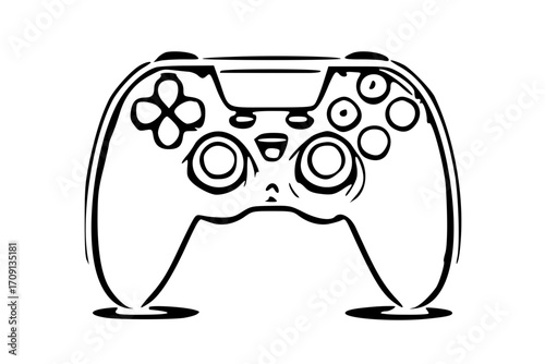 Outlined illustration of a video game controller, showing its various buttons and joystick.