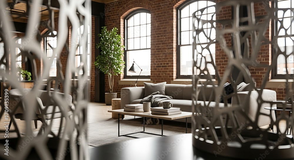 Naklejka premium Modern Industrial Loft Living Room Interior with Exposed Brick Walls and Large Windows.