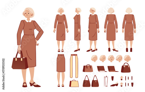 Casual middle aged woman wearing dress. Character constructor for animation. Front, side and back view set. Body parts, postures, poses collection. Vector illustration. 
