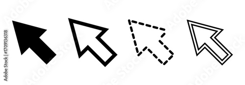 set of four mouse cursor pointer icons in various style filled outline dashed arrows vector 