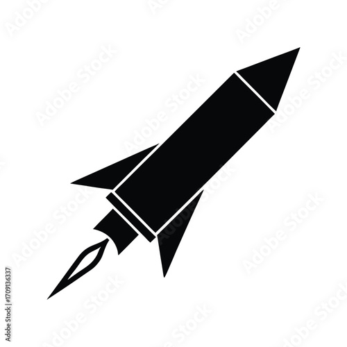Simple black silhouette of a rocket ship launching with flames and smoke trails ascending