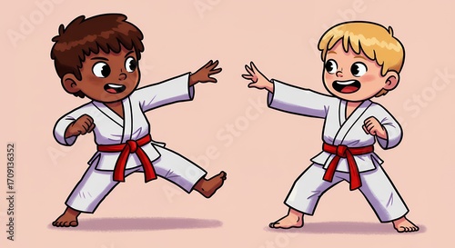 Two children practicing karate