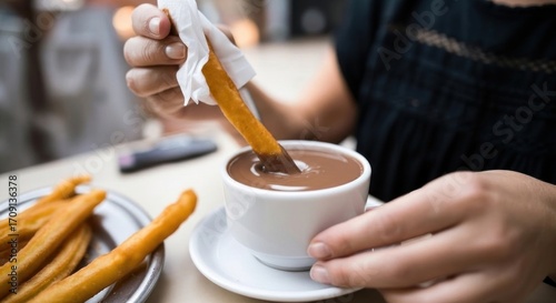 Hand Dipping Traditional Churro into Creamy Hot Chocolate