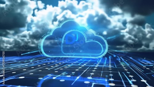 A glowing blue cloud representing data storage floats above a digital circuit board, with a cloudy sky background.